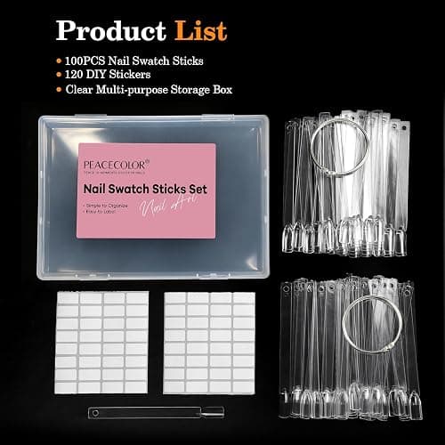 PEACECOLOR 100 Pcs Nail Swatch Sticks with Ring, 120 Blank Number & Box | Nail Color Swatches Display Kit, Protective Container Box, Clear Fan-Shaped Swatch for Nail Art Practice, Home and Salon thumbnail 7