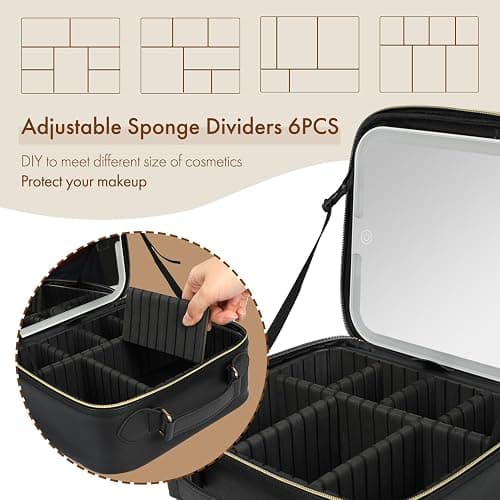 Behaesty Travel Makeup Bag with LED Mirror Double Layer, Detachable Vanity Mirror with Lights, Tri-light Dimmable, Makeup Case with Adjustable Dividers and Brush Holder Cosmetic Organizer Storage Box thumbnail 5