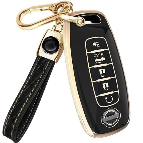 Lucrum Compatible with Nissan Key Fob Cover & Leather Keychain, 5 Buttons Keyfob Case for Pathfinder Rogue Sentra Versa Patrol Armada (2023-2025) - Black and Gold - Image 1