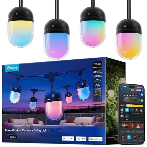 Govee Outdoor Chromatic String Lights, 32.8ft RGBIC Outdoor Lights with 55 Uni-IC Control LED Bulbs, 111+ Scene Modes, IP67 Waterproof, String lights compatible with Alexa, Google, Matter, App Control - Image 1