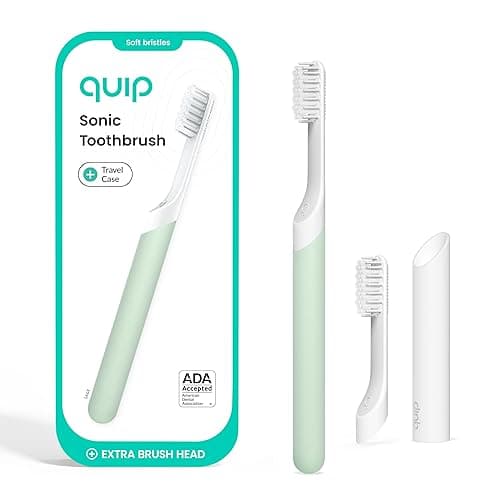 Quip Plastic Sonic Toothbrush, Electric Toothbrush for Adults –Time Travel & Soft Bristles with Travel Case & Replaceable Brush Head -3-Month Battery Life - Sage Green - Sage - 1 Count (Pack of 1)