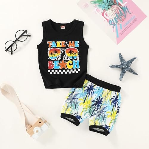 YOUNGER TREE Toddler Baby boy summer clothes Beaches Love Me Sleeveless Vest Tops+Shorts Kid Casual outfits - 6-12 Months - Bluey-green thumbnail 6