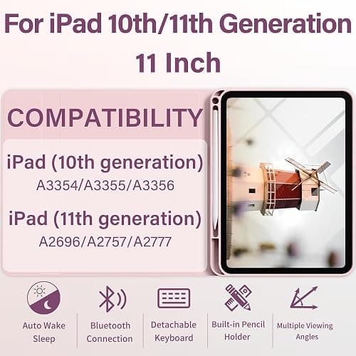 BQDIYOO Case for iPad 11th/10th Generation with Keyboard, 11 inch A16/10.9" iPad 10 Case (2025/2022) with Pencil Holder, Wireless Keyboard and Slim Lightweight Soft Cover Auto Wake/Sleep, Pink thumbnail 2