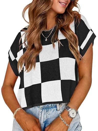 Womens Cute Summer Tops 2026 Short Cap Sleeve Sweater Color Block Trendy Crop Top Knit Vest Checkered Work Shirts Outfits - Image 1