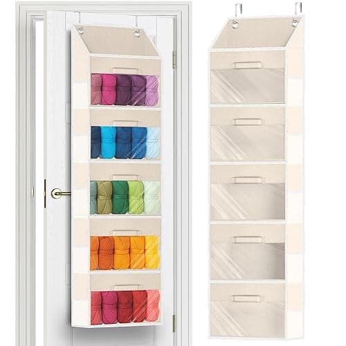 Ofiray-home Hanging Yarn Storage Organizer with 5 Drawers, Over the Door Large Capacity Knitting Organizer Storage&10 Mesh Side Pockets, Hanging Yarn Holder for Knitting Needles, Crochet Hooks- Beige - Image 1