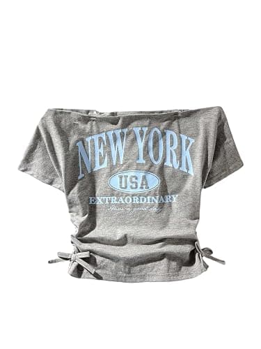 OYOANGLE Girl's Letter Print T Shirts Off The Shoulder Crop Tube Tops | Short Sleeve, Bow Side Ruched Tube, Party, Summer, Cute Preppy Clothes - Image 1