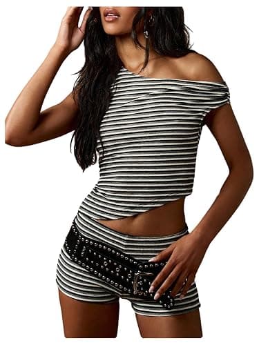 Milumia Women's 2 Piece Outfits Striped Off The Shoulder Short Sleeve Top Skinny Shorts Set - Image 1