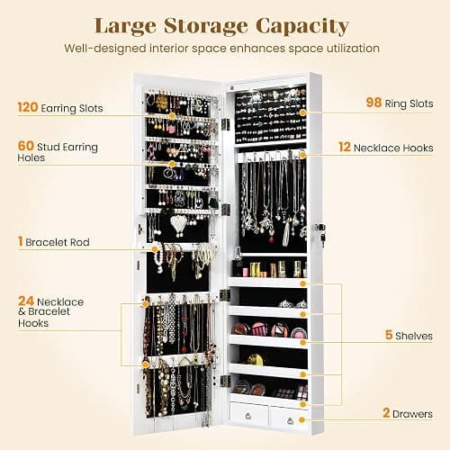 Giantex Wall Door Mounted Jewelry Armoire Cabinet with 47.5" Full Length Mirror, 2 LEDs Lockable Jewelry Organizers and Storage with 2 Drawers, Over the Door Jewelry Organizer Cabinet (White) thumbnail 5