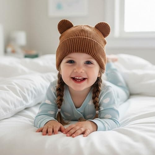 Hadetoto Cotton Baby Beanie Winter Knitted Hat, 2 Pack | Bear Ear Design, Infant Toddler Boys Girls, Soft Warm, Skull Cap thumbnail 3