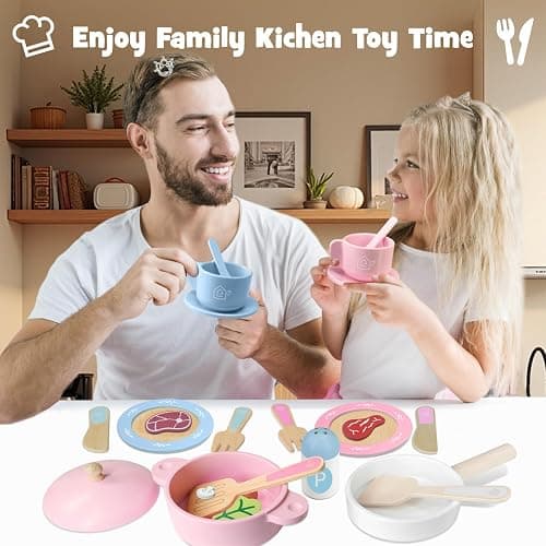 SimpliPlay Wooden Toy Plates and Dishes for Kitchen Set, 30PCS Montessori Play Kitchen Accessories for Toddlers with Toy Pots and Pans, Wooden Play Cooking Set for 3-8 Years Girls & Boys thumbnail 5