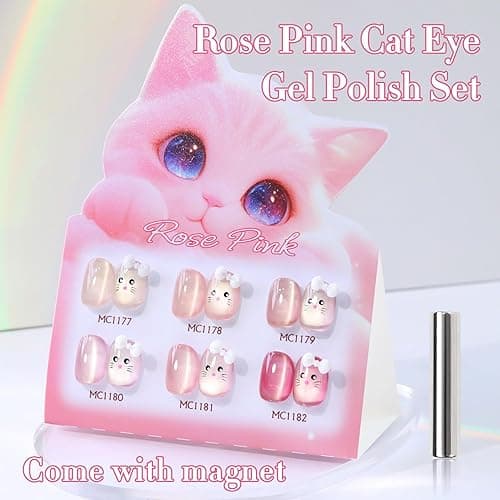 Double Rhythm Cat Eye Gel Nail Polish Set of 6 Same Color Same Bottle 0.5 Oz Shimmer Glitter with Magnet Holographic Reflective Magnetic UV Nail Polish Kit at Home (Glass Nude Pink Rose-T6-32) - Rose Pink thumbnail 3