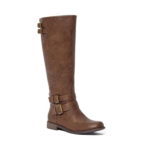JustFab Womens Knee High Boots Faux Leather Brown Riding Boots Knee High Boots for Women Womens Low Heel Casual Boots for Women - Image 1
