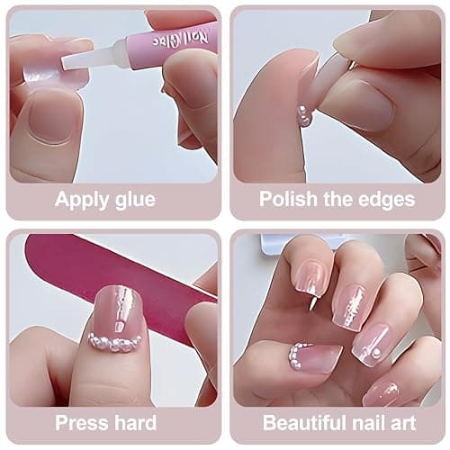 Mrltau 24 Pcs Faux Ongles Pression Printemps Court, Couleur Chair Rose, Faux Ongles avec Décoration Fleur 3D Perles, Pointe Française Pleine Couverture thumbnail 7