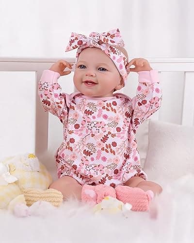 BABESIDE 3PCS Reborn Baby Doll Clothes for 17-22 Inch Dolls, Baby Doll Outfit Accessories with Floral Pattern fit Newborn Baby Dolls Girl Boy, Pink thumbnail 3