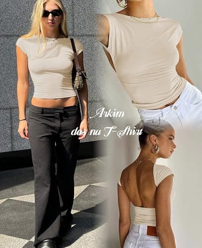 Arkim Top Dos Nu Femme [Matériaux Améliorés] Y2K Backless Top T-Shirts, Sexy Haut Dos Nu Tops Femme Ete Style Réversible thumbnail 2