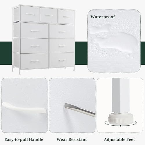 9-Drawer Dresser for Bedroom, Anti-Tip Tall Storage Organizer Chest of Drawers with Wooden Top and Metal Frame Fabric Bins for Closet, Living Room, Hallway, Entryway, White thumbnail 7