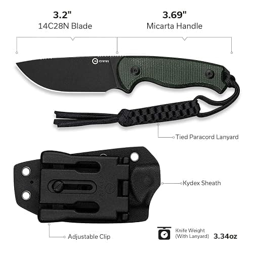 CIVIVI Timberbark Fixed Blade Knife with Kydex Sheath & Clip, 3.2" 14C28N Blade Micarta Handle with Lanyard, Ideal EDC Hunting Knife for Outdoor Adventures Camping Hiking C23094-3, Green - Green thumbnail 6