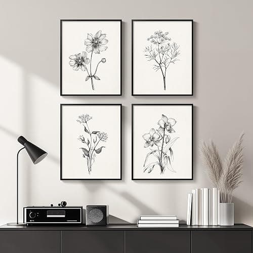 Framed Black and White Floral Wall Art for Bedroom, 4 Piece Vintage Botanical Canvas Paintings Artwork for Modern Farmhouse, Minimalist Flower Pictures for Living Room Kitchen Bathroom Wall Decor thumbnail 2