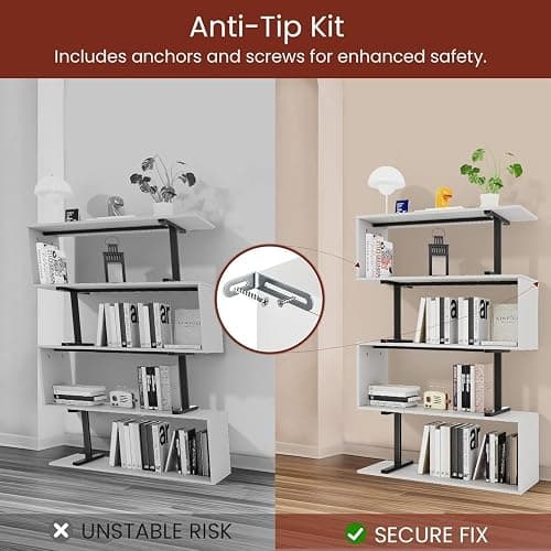 GRUSIGN 5-Tier White Geometric Bookshelf, S Shaped Bookcase,Wood Decorative Storage Shelving,Modern Freestanding Display Shelves for Office,Bedroom,Living Room, 31.5" W x 58.3" H thumbnail 8