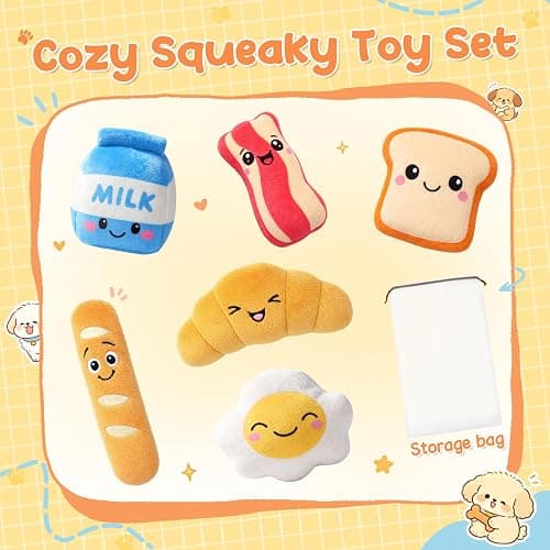 KIPRITII Dog Squeaky Toys for Small Dogs, Breakfast-Themed Puppy Toys to Keep Them Busy, Plush Toys with Squeaker for Interactive Play, Includes Storage Bag thumbnail 2