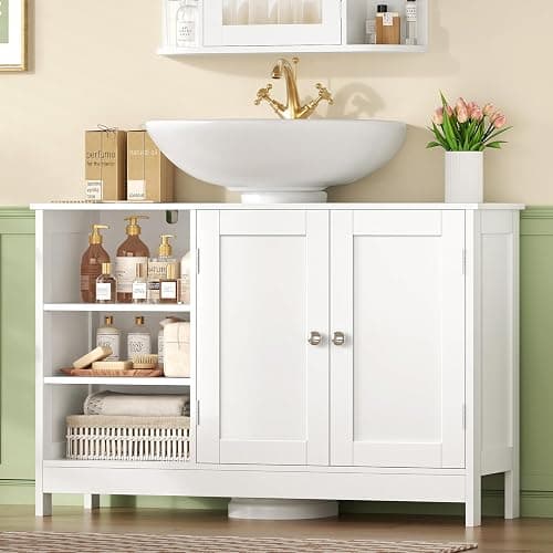 TEENFON 35.4" Pedestal Sink Storage Cabinet with 2 Doors and Adjustable Shelves, Bathroom Sink Cabinet, Under Sink Storage with U-Shape Cut-Out, White thumbnail 2