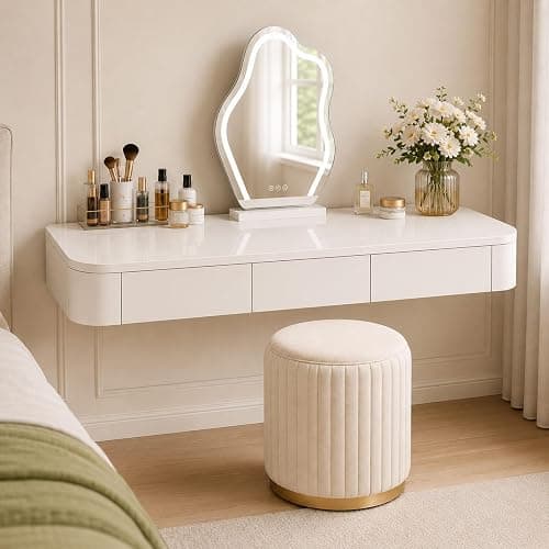 Floating Vanity Desk with Drawers Wall Mounted Makeup Table Space Saving | Fully Assembled with Spacious Storage Drawers, Smooth Glide Operation and Easy Clean Surface(Ivory,23.6") - Image 1