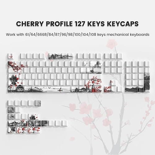 Womier PBT Keycaps Set 130 Keys, Custom White Japanese Keyboard Doubleshot Dye Sub Side Print Shine Through Keycaps 60 65 75 100 Percent, Cherry Profile, Cherry Blossom thumbnail 2