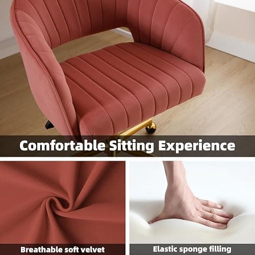 Westice Home Office Desk Chairs, Modern Velvet Desk Chair, Height Adjustable Swivel Vanity Chair with Golden Base, Ergonomic Chair for Vanity Study, Living Room Computer Room, Bean Paste Red thumbnail 6