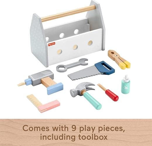 Fisher-Price Wood Pretend Play Toy Tool Box with Drill, 9-Piece Wooden Set for Building Construction Play Preschool Kids Ages 3+ Years thumbnail 6