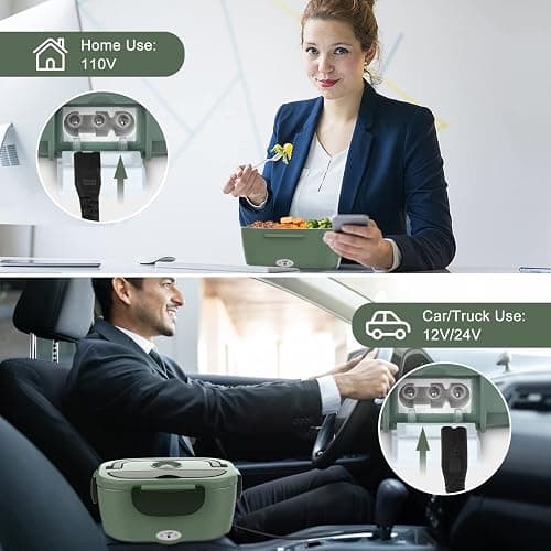 Vabaso Electric Lunch Box for Adults, 80W Heated Lunch Box Portable Food Warmer Lunch Box for Work/Men/Car/Truck with 1.5L 304 Stainless Steel Container Fork & Spoon, 110V/12V/24V thumbnail 2