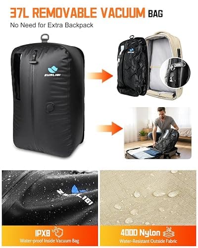 Zurligi Vacuum Backpack for Travel with Mini Pump, Expandable Vacuum Seal Compression Backpack, Space-Saving Daypack,TSA-Lock (Vacuum Pro, Beige) thumbnail 3