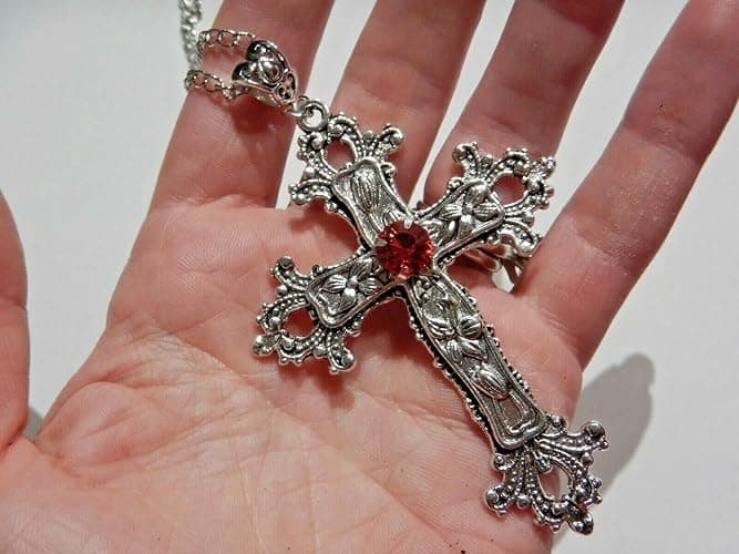 Large Gothic Cross Necklace silver-tone pendant with glass stone, on 24" steel chain… thumbnail 2