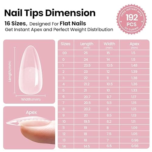 Beetles Tipex Instant Apex Nail Tips Almond Medium Acrylic Nail Tips, Pre-Etched Pre-Building Strong Thick Long Lasting,16 Sizes,192 Pieces thumbnail 5