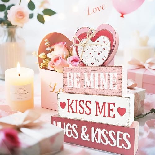 4 Pcs Valentine's Day Table Decoration, Valentine Wooden Sign Love Table Centerpiece Rustic Distressed Valentines Centerpieces Blocks Farmhouse Tiered Tray Decor for Farmhouse Holiday Tabletop thumbnail 2