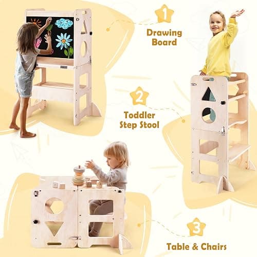 Woodure 4-in-1 Toddler Kitchen Step Stool, Foldable Learning Standing Tower with Blackboard, Wooden Kitchen Stool Helper for Kids, 1-3 Year Old Boy Girl Gifts thumbnail 4