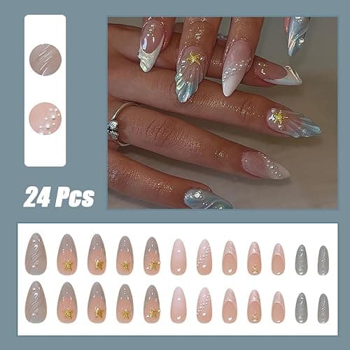 ZRETHFB 24Pcs Summer Press-on Nails Medium Almond Gel False Nails with 3D Pearl Seashell Designs Gold Star French Tip Stick-on Nails for Women thumbnail 6