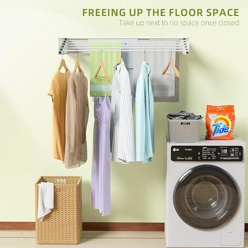 Laundry Drying Rack Collapsible, Wall Mounted, Clothes Drying Rack, 31.5" Wide, 13.2 Linear Ft, 5 Aluminum Rods, 60 lb Capacity, Laundry Racks for Drying Clothes with Wall Template(White 31.5" ) - White - 31.5'' thumbnail 5