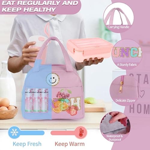 77 Pieces Bento Box Lunch Box Kit Large Pink Insulated Lunch Bag 3 Layer Stackable Leakproof Lunch Box Containers with Cup,Lunch Bag,Spoon,Fork,60 Pieces Lunch Box Notes for Girl Women (Purple) thumbnail 4