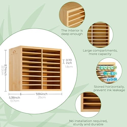 Ohuhu Bamboo Marker Organizer, Wooden Desktop Storage Hold 126 Markers, Pens, Pencils, Art Brushes Stationary Organizer Pencil Holder with 18 Compartments for Home, Classroom, Office Decor - Hold 126 Markers thumbnail 3