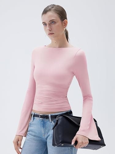 SUUKSESS Women Crew Neck Bell Sleeve Tops Double Lined Going Out Fitted Basic T Shirts thumbnail 4