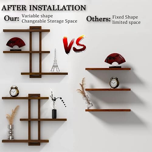 yaqew Variable Wood Floating Shelves Set of 3, Wall Cube Shelves 28.35" Max, Wall Shelves for Living Room Bathroom Bedroom - Light Walnut Color - 28.35" x 23" x 5.9" Max thumbnail 5