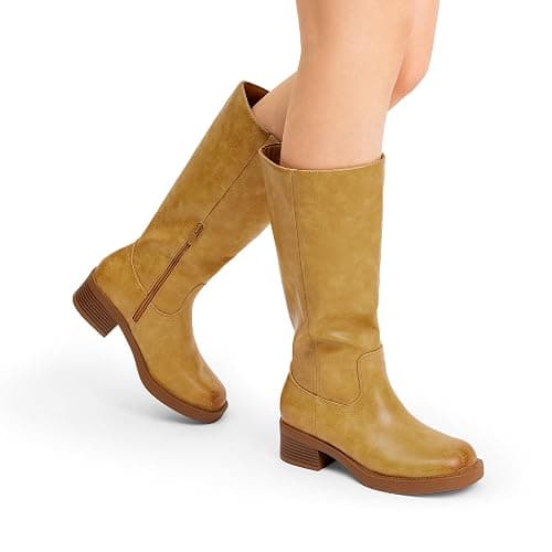DREAM PAIRS Women's Square Toe Platform Chunky Block Heel Knee High Riding Boots | Square Round Toe,Riding Tall Boots,Side Zipper,Chunky Block Heel,Banana Yellow Brown Color,Summer Fall Fashion Daily Boots thumbnail 9