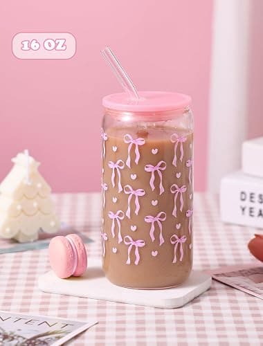Pecfamly Aesthetic Cute Preppy Pink Bow Trendy Teen Girl Stuff Birthday Gifts for Teen Girls, Clear Reusable Iced Coffee Matcha Boba Tea Smoothie Patron Reusable Glass Cups Tumbler with Lid and Straw thumbnail 3