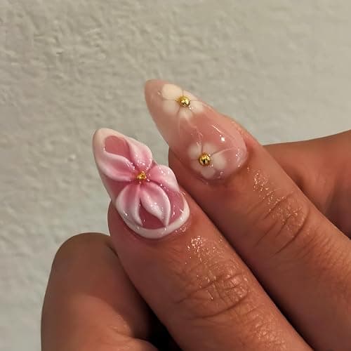 3D Flower Summer Press on Nails Medium Almond French Tip Fake Nails 3D Flower Hibiscus with Gold Beads Design Glue on Nails Full Cover Artificial Acrylic Nails Stick on Nails for Women Manicure Decor thumbnail 2