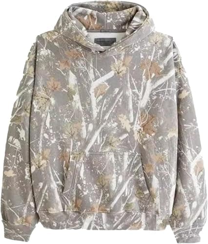 Men Camo Hoodie, Camo Leaf Printed Essential Hoodies, Comfort Trendy Sweatshirt with Pockets, Long Sleeve Loose - Image 1