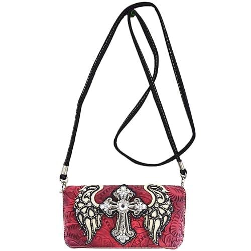 Western Style Rhinestone Cross Studded Laser Cut Wings Tooled Leather Purse Women Handbags Country Shoulder Bag Wallet Set thumbnail 5
