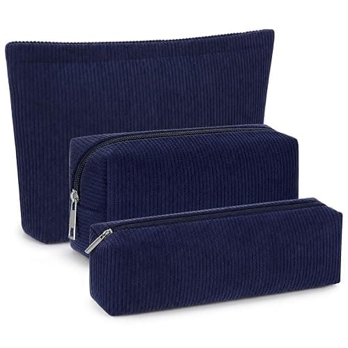 Huhumy 3 Pcs Corduroy Makeup Bag Set for Women, Dark Blue, Solid Style | Cosmetic Pouch Aesthetic Travel Toiletry Bag Cute Purse Pouch Makeup Brushes Storage Organizer with Zipper - Image 1