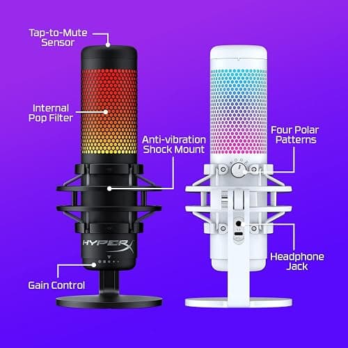HyperX QuadCast S – RGB USB Condenser Microphone for PC, PS5, Mac, Anti-Vibration Shock Mount, 4 Polar Patterns, Pop Filter, Gain Control, Gaming, Streaming, Podcasts, Twitch, YouTube, Discord – White - White - QuadCast S White - Microphone thumbnail 8