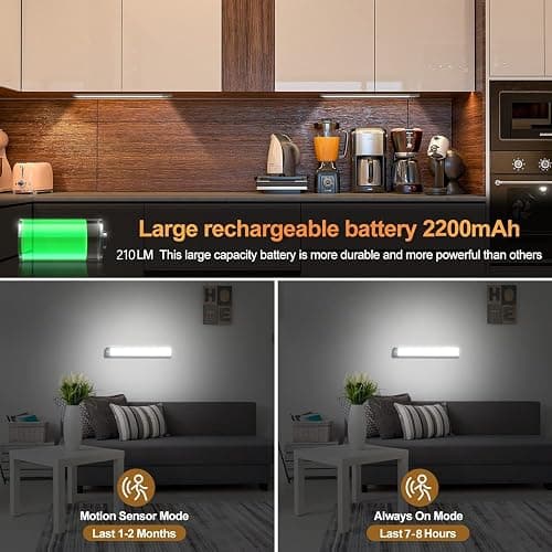 YANEGRT Under Cabinet Lights, Dimmable 60 LED Motion Sensor Light Indoor 2 Pack- Wireless USB Rechargeable, 3 Color Magnetic Closet Light for Kitchen, Wardrobe Storage thumbnail 8