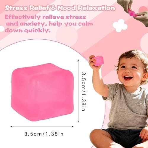 Gel-Filled Ice Cube Squishy Toy 1.38in/3.5cm for Kids Ages 3+ & Adults – Slow Rising Sensory Squeeze Cube, Mini Desk Fidget Toy for Party Favors & Classroom Rewards(Pink) thumbnail 2